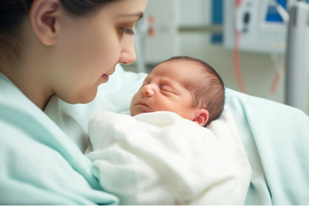 Mãe na maternidade em sua primeira semana com o bebê o vendo dormir