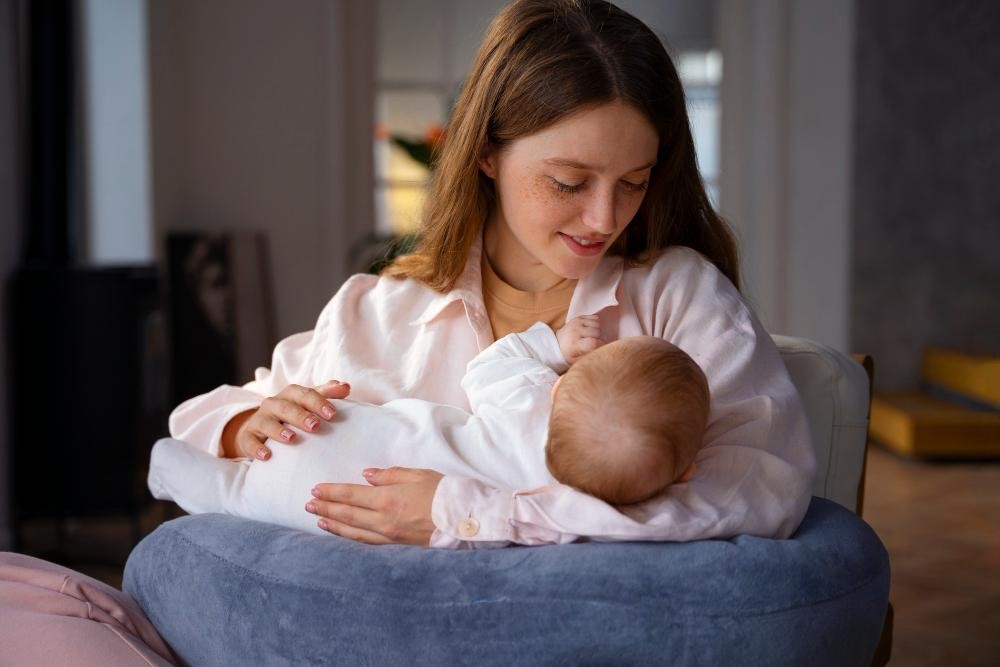 Mãe amamentando seu bebê, segurando-o com carinho enquanto ele se alimenta. A mãe está vestindo uma camisa clara e um suéter, criando um ambiente acolhedor e íntimo para o aleitamento materno.