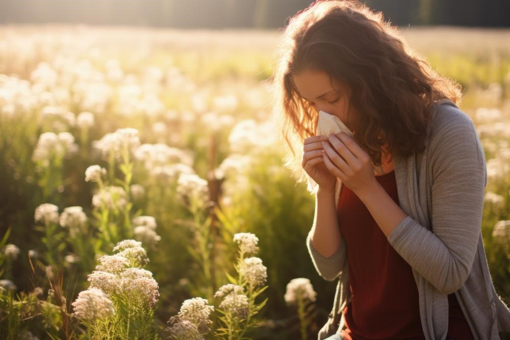 Mulher com alergia de flores, espirrando em meio a um campo de flores