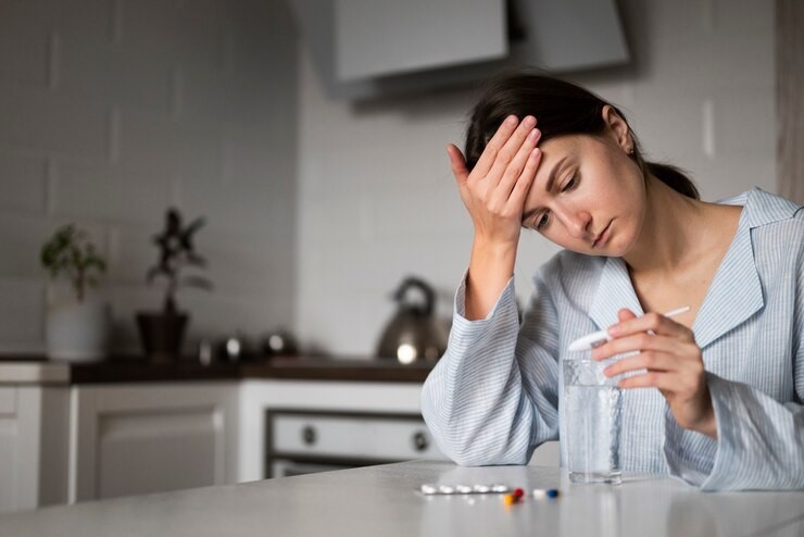 Mulher com dor de cabeça, segurando a testa e olhando para um copo de água, enquanto se prepara para tomar um remédio para enxaqueca, com comprimidos visíveis na mesa ao lado.